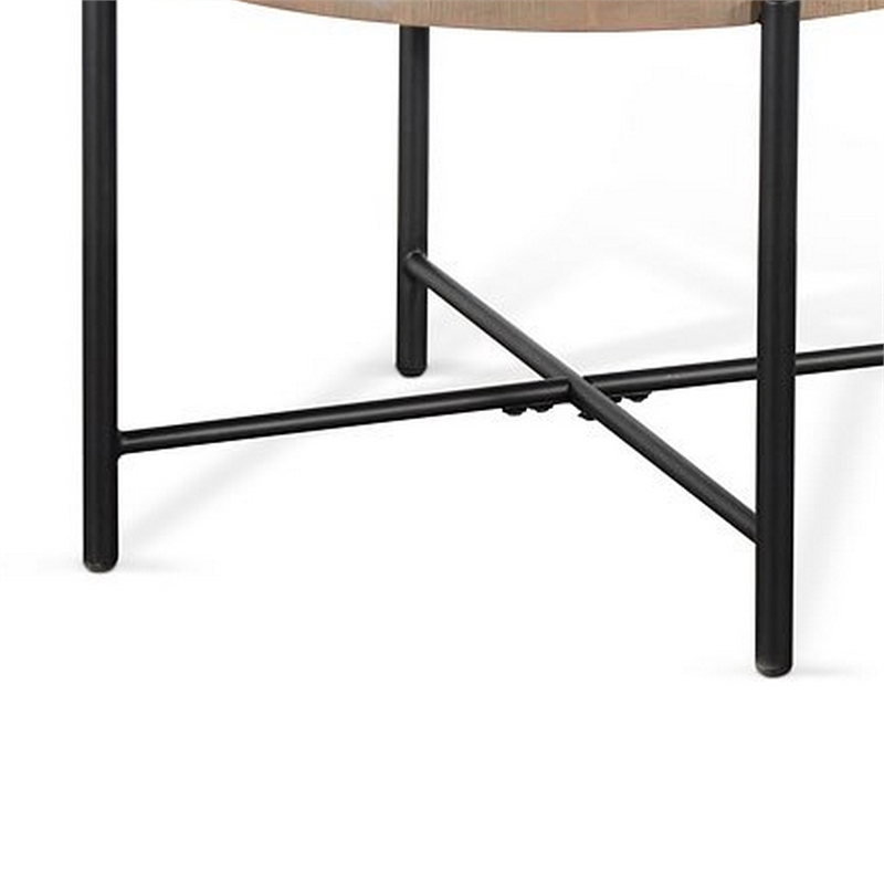 Reena End Table- Light Brown Mahogany- Black Metal- Round 28 Inch
