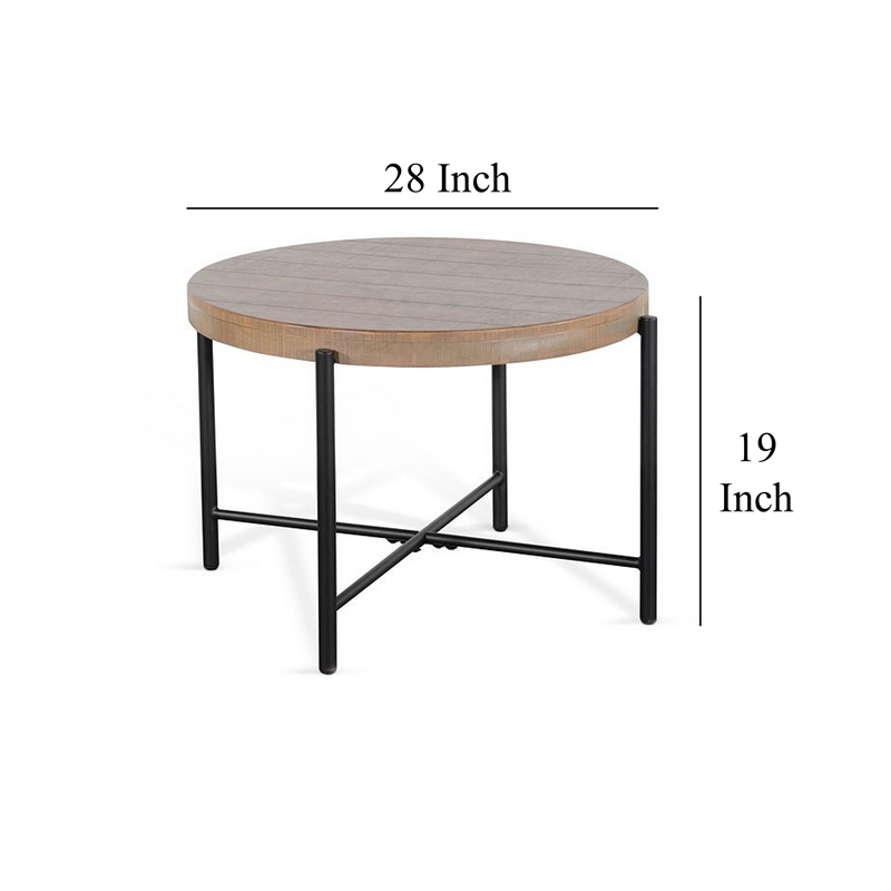 Reena End Table- Light Brown Mahogany- Black Metal- Round 28 Inch