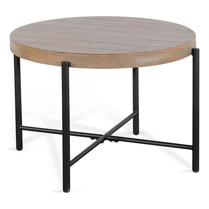 Reena End Table- Light Brown Mahogany- Black Metal- Round 28 Inch