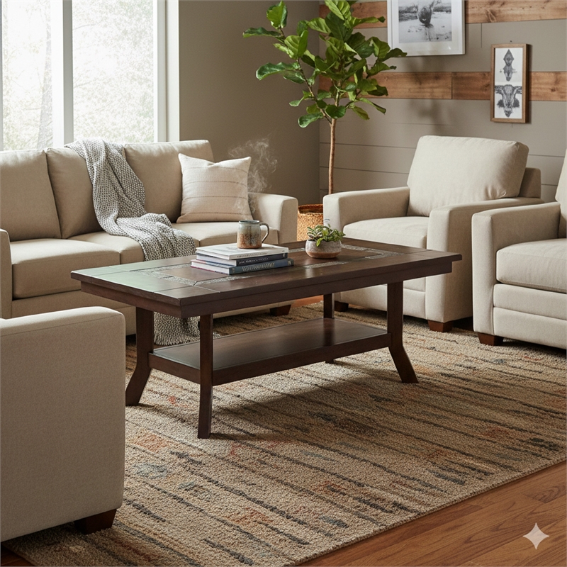 Odel Coffee Table- 1 Shelf- Dark Brown Mahogany- Rectangular 49 Inch