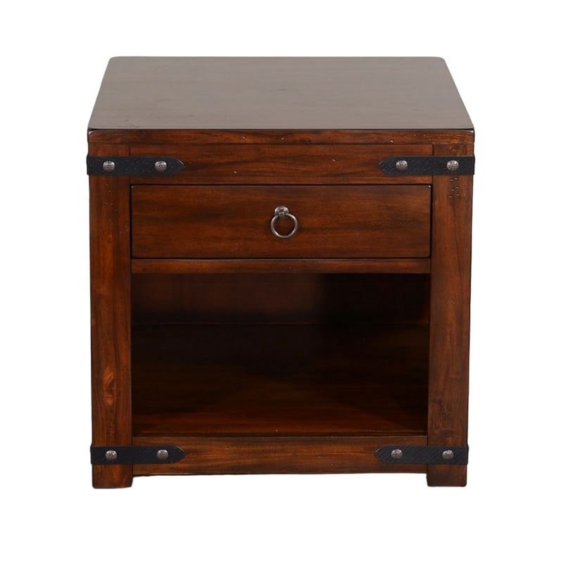 Odel Side End Table- Drawer- Dark Brown Mahogany Wood- Metal- 24 Inch