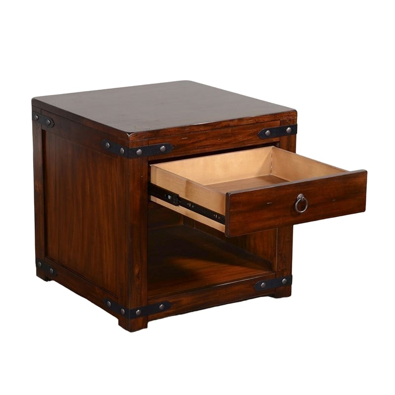 Odel Side End Table- Drawer- Dark Brown Mahogany Wood- Metal- 24 Inch