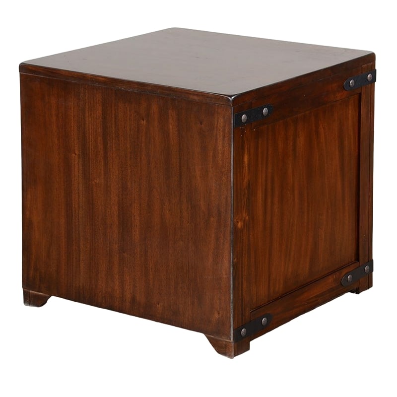 Odel Side End Table- Drawer- Dark Brown Mahogany Wood- Metal- 24 Inch