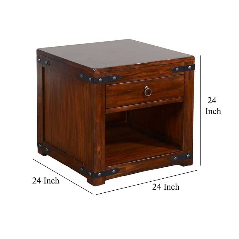 Odel Side End Table- Drawer- Dark Brown Mahogany Wood- Metal- 24 Inch