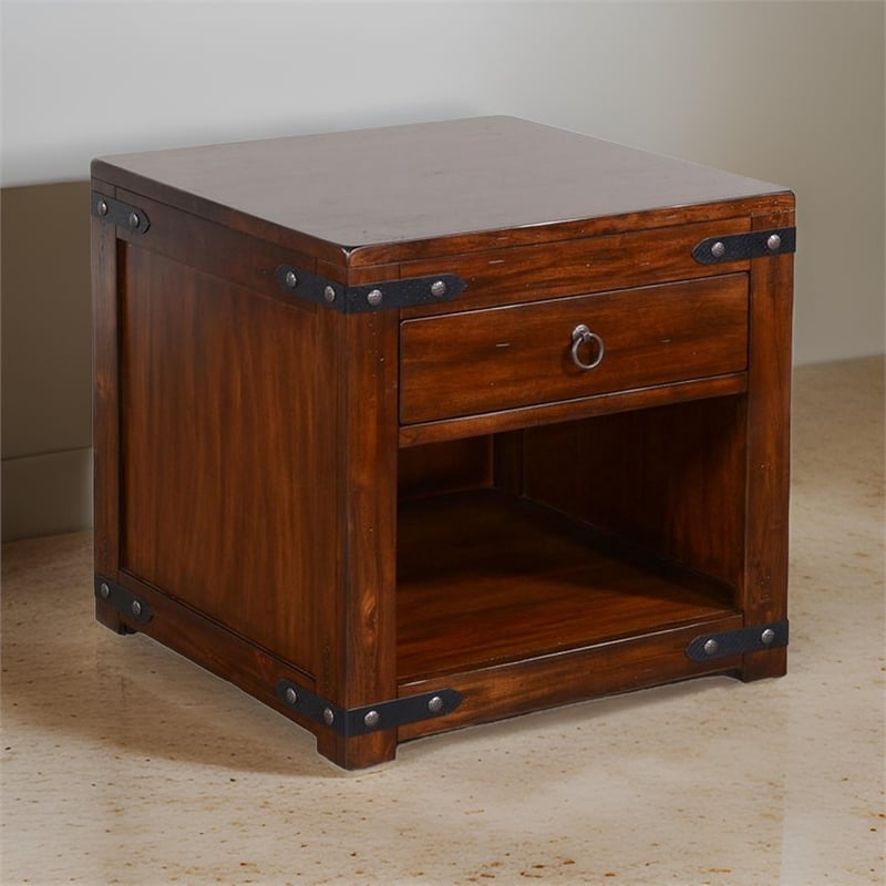 Odel Side End Table- Drawer- Dark Brown Mahogany Wood- Metal- 24 Inch