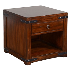 Odel Side End Table- Drawer- Dark Brown Mahogany Wood- Metal- 24 Inch