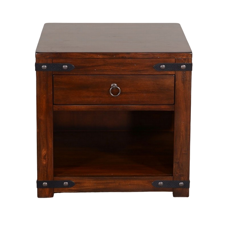 Odel Side End Table- Drawer- Dark Brown Mahogany Wood- Metal- 24 Inch