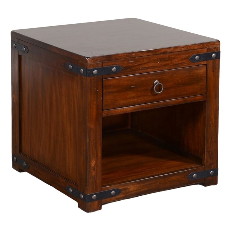 Odel Side End Table- Drawer- Dark Brown Mahogany Wood- Metal- 24 Inch