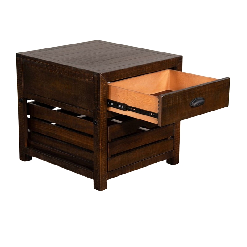 Flint End Table- 1 Drawer- 1 Crate- Dark Brown Mahogany Wood- 26 Inch
