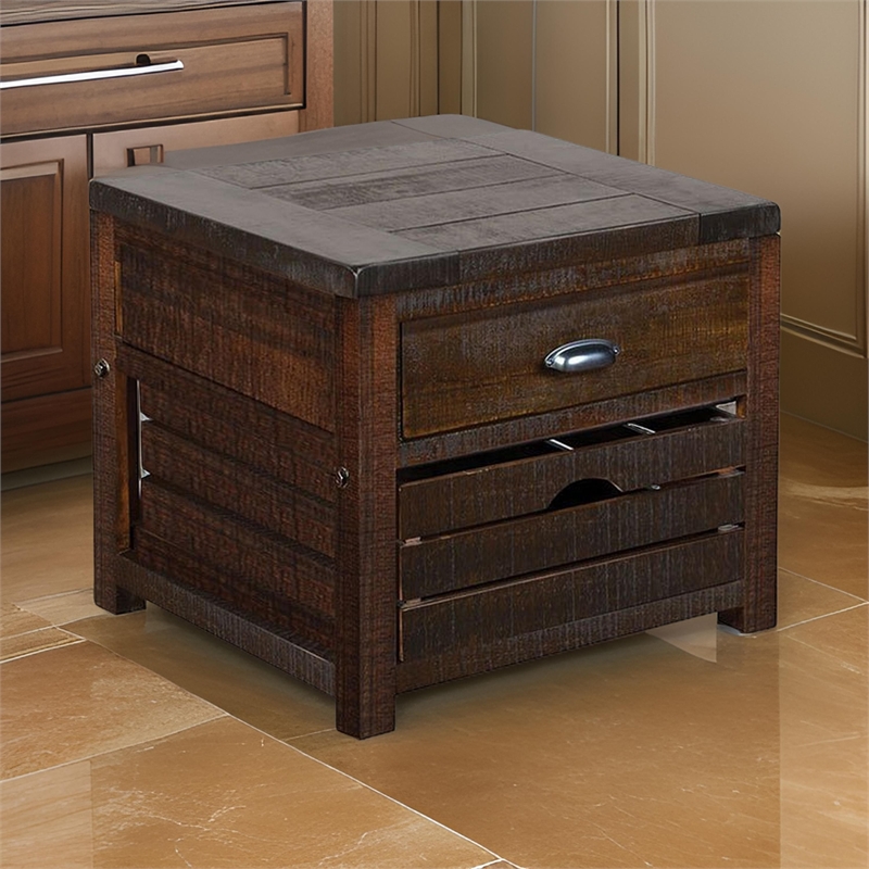 Flint End Table- 1 Drawer- 1 Crate- Dark Brown Mahogany Wood- 26 Inch