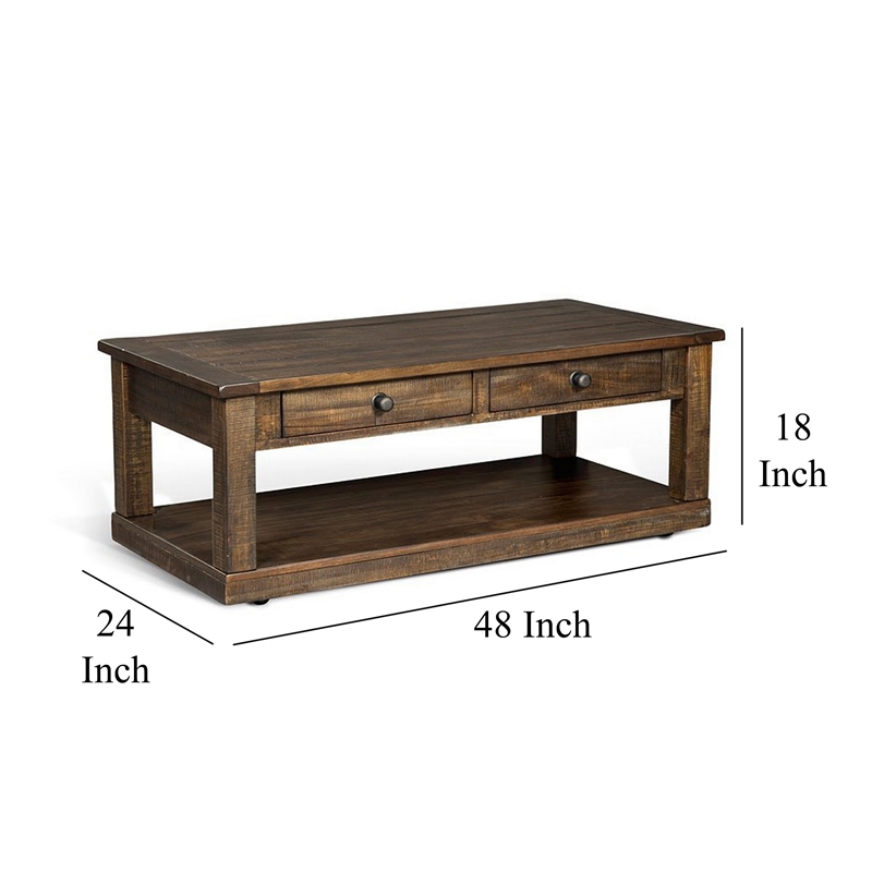 Flint Coffee Table- 2 Drawers- Shelf- Dark Brown Mahogany- 48 Inch