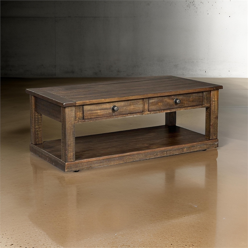 Flint Coffee Table- 2 Drawers- Shelf- Dark Brown Mahogany- 48 Inch