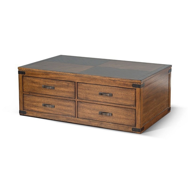 Zinia Coffee Table- 4 Drawers- Plinth Medium Brown Mindi Wood- 50 Inch