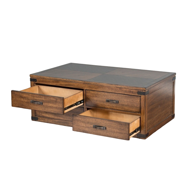 Zinia Coffee Table- 4 Drawers- Plinth Medium Brown Mindi Wood- 50 Inch