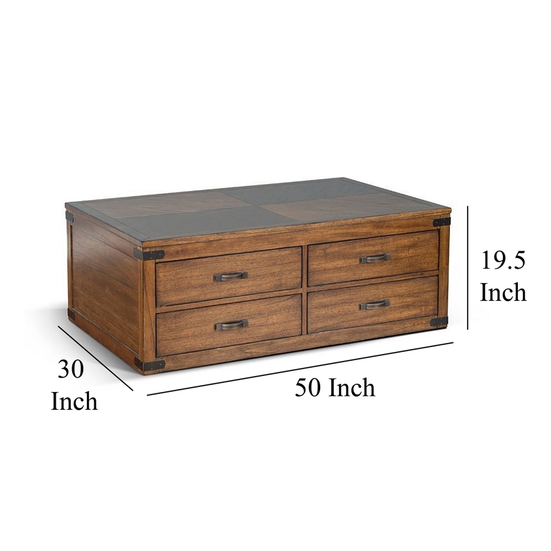 Zinia Coffee Table- 4 Drawers- Plinth Medium Brown Mindi Wood- 50 Inch