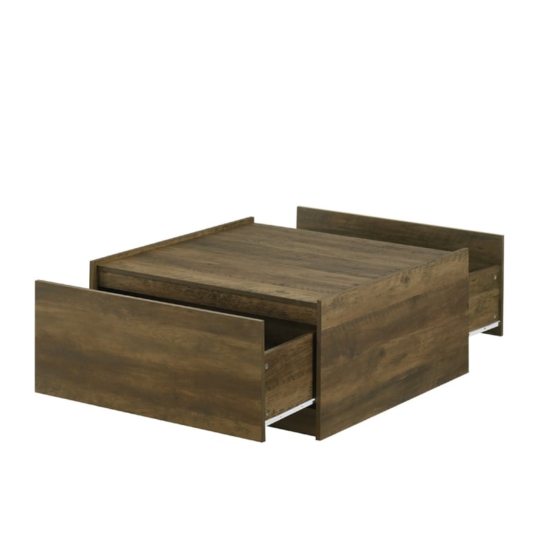 Trav Square Coffee Table- 2 Drawer- Raised Lip Tray Top- Brown 32 Inch