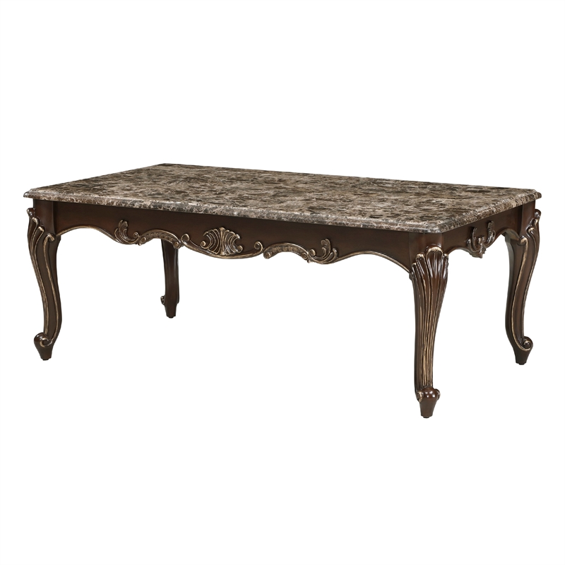 Hesar Coffee Table- 51 Inch Marble Top- Cherry Brown- Cabriole Legs