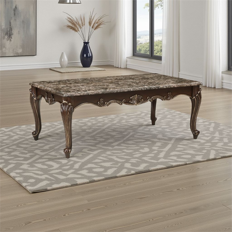 Hesar Coffee Table- 51 Inch Marble Top- Cherry Brown- Cabriole Legs