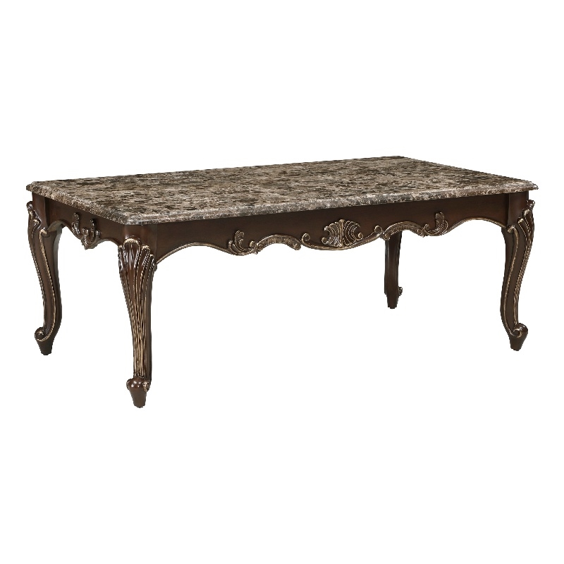 Hesar Coffee Table- 51 Inch Marble Top- Cherry Brown- Cabriole Legs