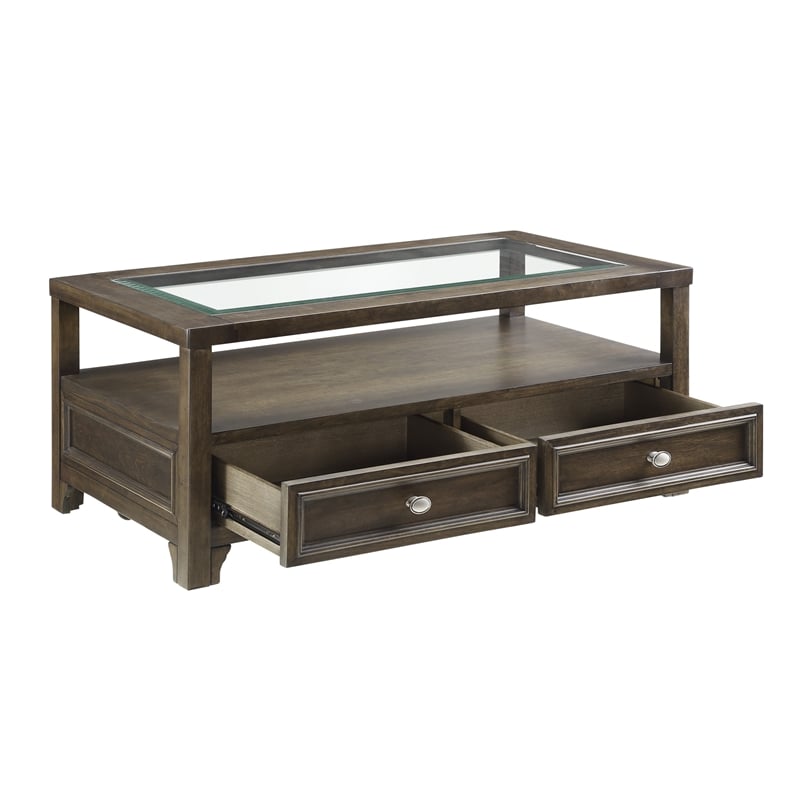 Berny Coffee Table- 2 Drawer and Glass Top- Charcoal Brown 46 Inch