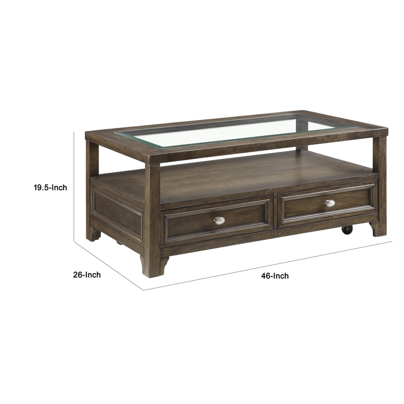 Berny Coffee Table- 2 Drawer and Glass Top- Charcoal Brown 46 Inch