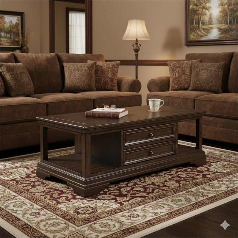Tabby Lift-Top Coffee Table- Side Shelves and Caster Wheels- Brown