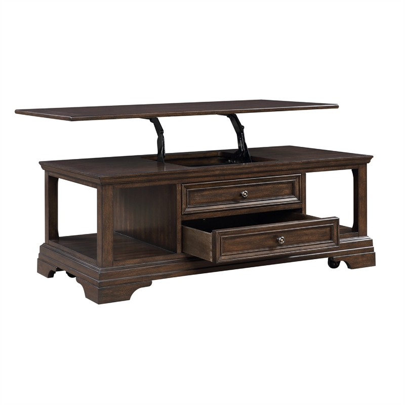 Tabby Lift-Top Coffee Table- Side Shelves and Caster Wheels- Brown