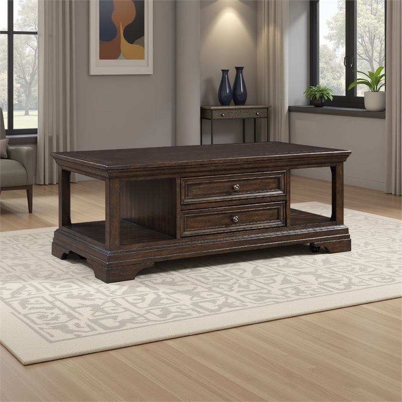 Tabby Lift-Top Coffee Table- Side Shelves and Caster Wheels- Brown