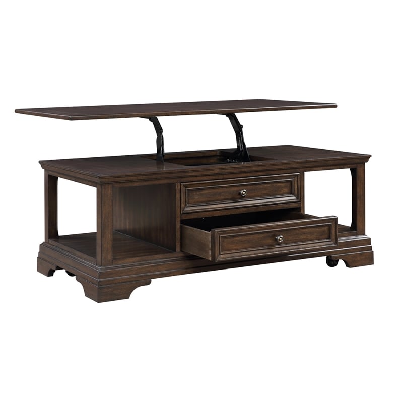Tabby Lift-Top Coffee Table- Side Shelves and Caster Wheels- Brown