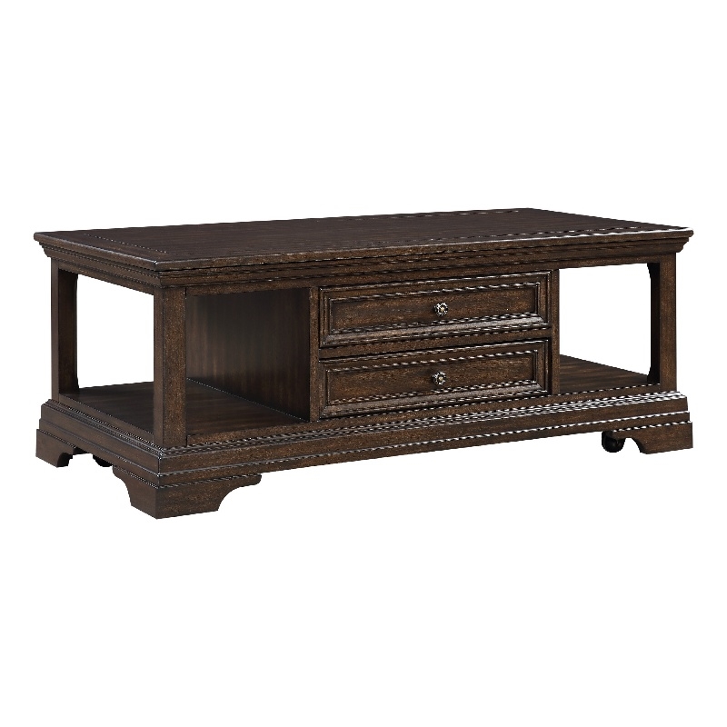 Tabby Lift-Top Coffee Table- Side Shelves and Caster Wheels- Brown