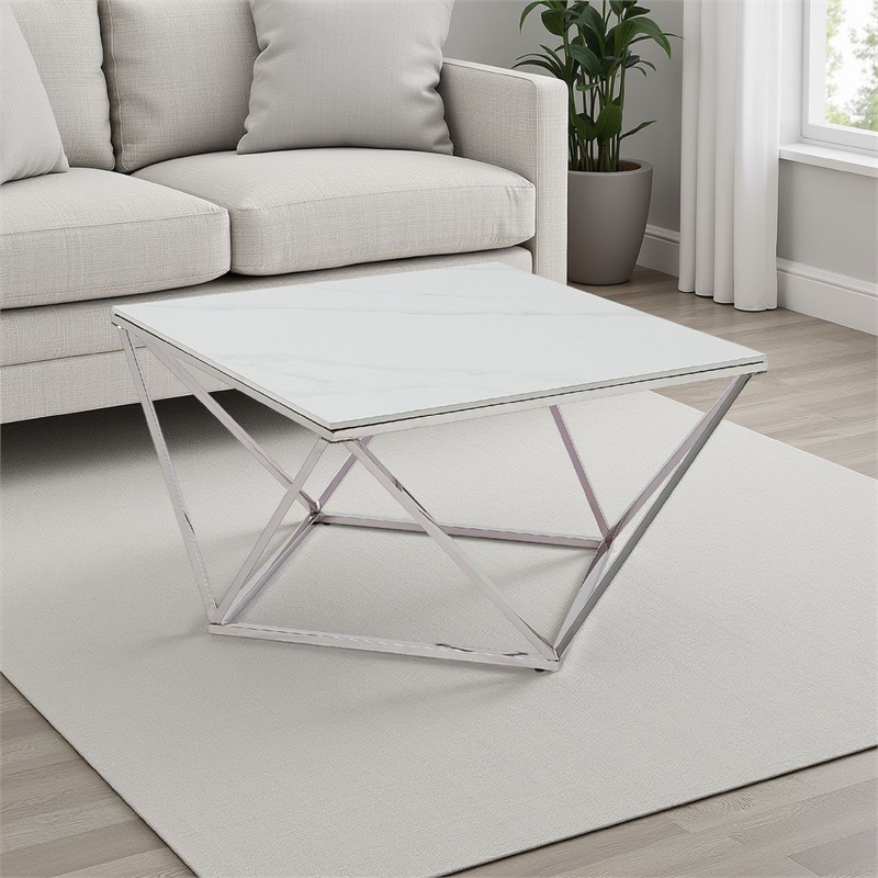 Allie Coffee Table- Sintered Stone- Silver Stainless Steel 32 Inch