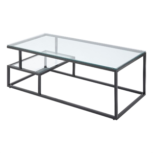 Elena Coffee Table- 2-Tier Design- Glass Top and Shelf- Black Metal