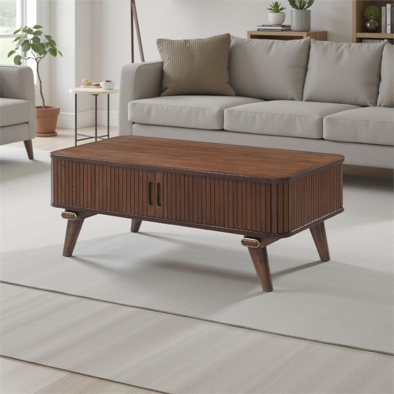 Manny Coffee Table- 2 Tambour Doors- A-Frame Walnut Brown 48 Inch