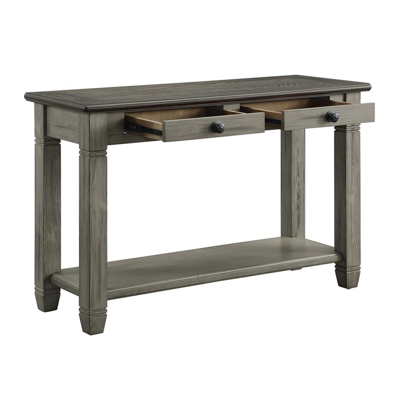 Rome 48 Inch Sofa Table- Rectangular- 2 Drawers- Brown- Gray- Solid Wood