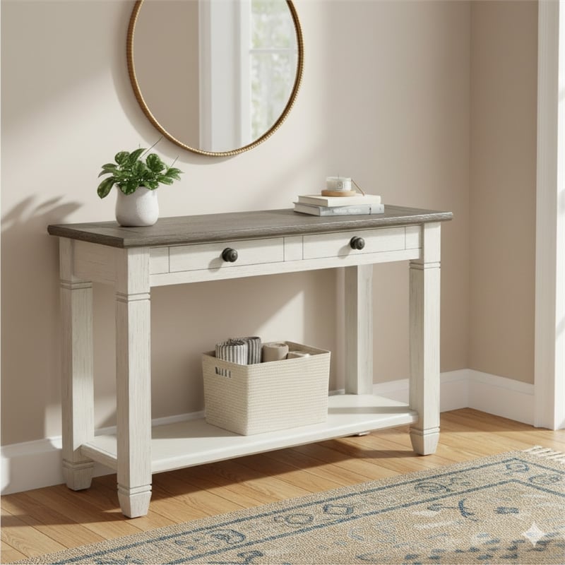 Rome 48 Inch Sofa Table- Rectangular- 2 Drawers- White- Brown- Solid Wood