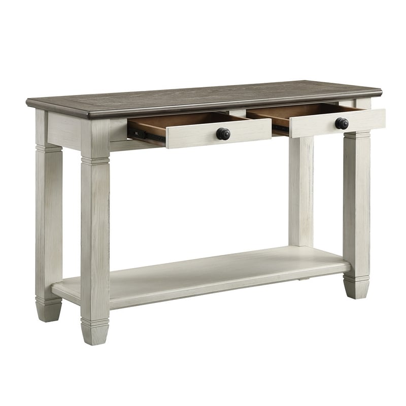 Rome 48 Inch Sofa Table- Rectangular- 2 Drawers- White- Brown- Solid Wood