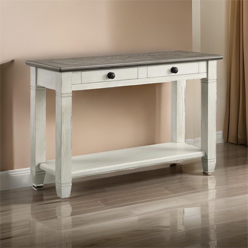 Rome 48 Inch Sofa Table- Rectangular- 2 Drawers- White- Brown- Solid Wood