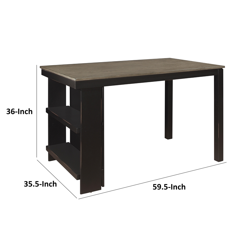 Tim 60 Inch Counter Height Table- 2 Built in Shelves- Gray- Black Wood