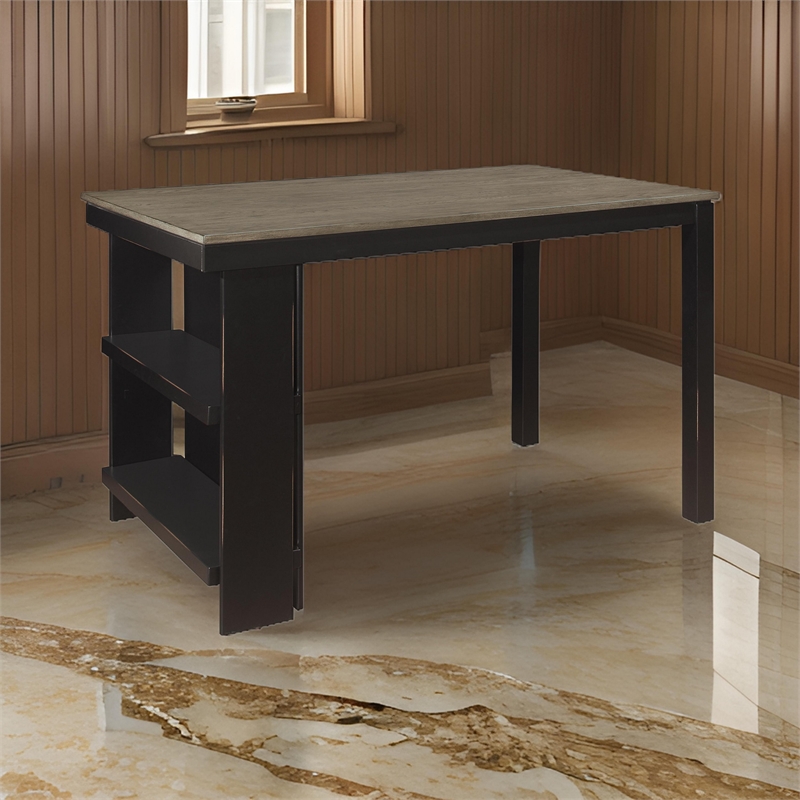 Tim 60 Inch Counter Height Table- 2 Built in Shelves- Gray- Black Wood