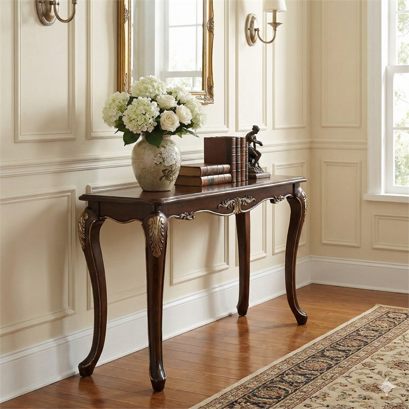 Croy 52 Inch Sofa Table- Classic Cabriole Legs- Cherry Brown