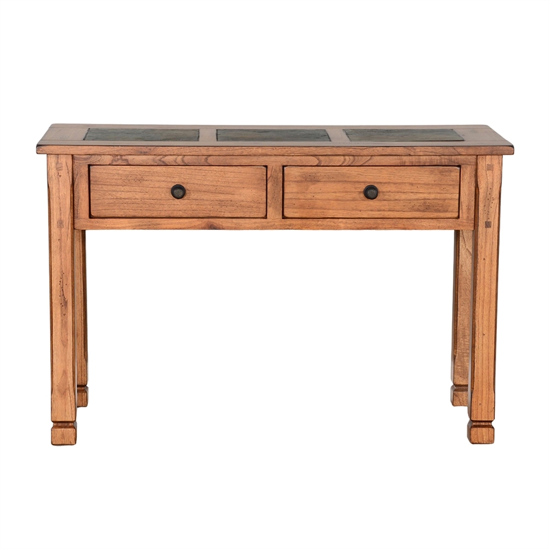 Marv Sofa Table w 2 Drawers- 48 Inch Rectangular Slate Inlay- Brown