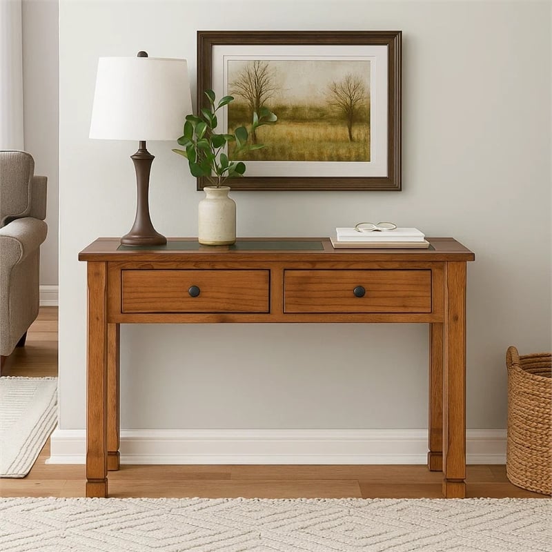 Marv Sofa Table w 2 Drawers- 48 Inch Rectangular Slate Inlay- Brown