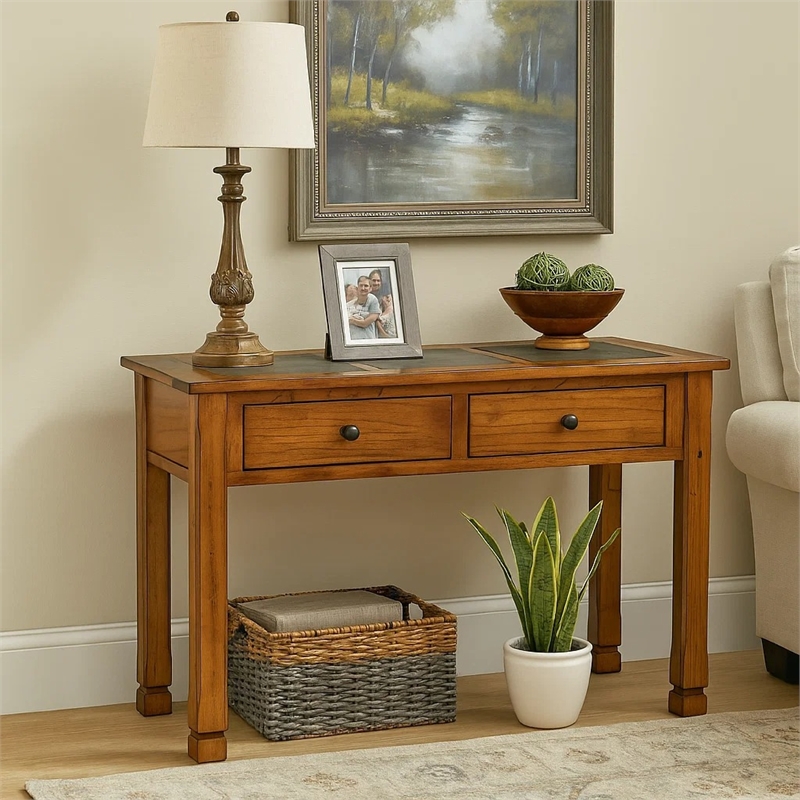 Marv Sofa Table w 2 Drawers- 48 Inch Rectangular Slate Inlay- Brown