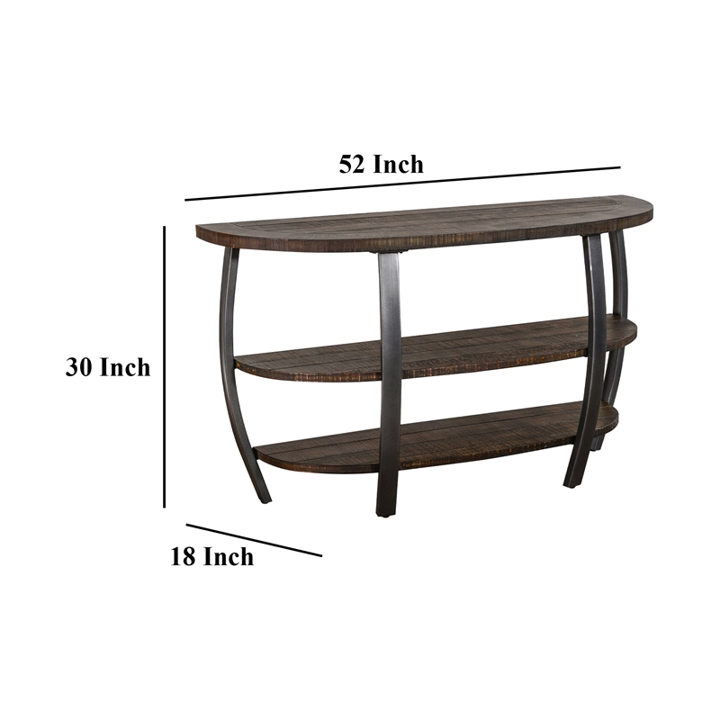 Flint Sofa Table w 2 Shelves- 52 Inch Semi Circle Top- Brown- Barrel