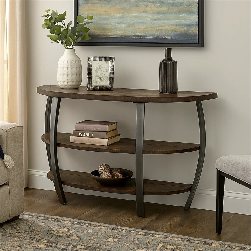 Flint Sofa Table w 2 Shelves- 52 Inch Semi Circle Top- Brown- Barrel