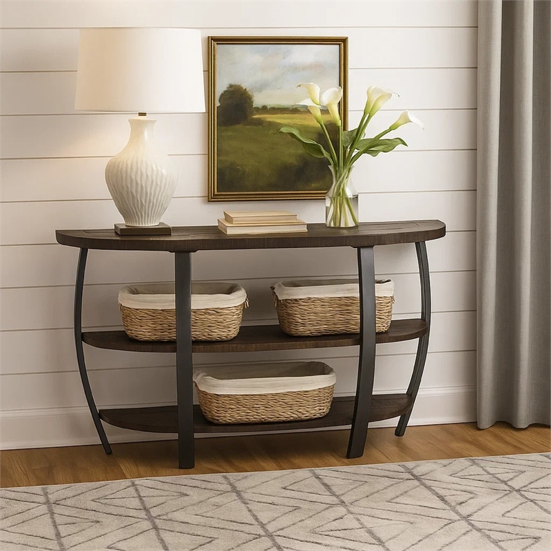 Flint Sofa Table w 2 Shelves- 52 Inch Semi Circle Top- Brown- Barrel