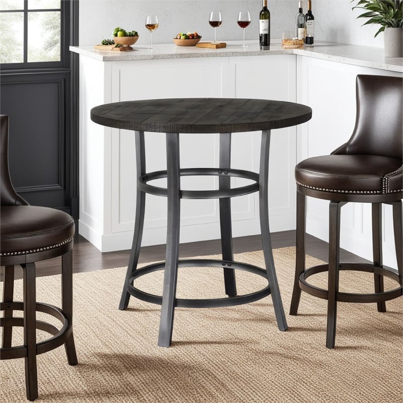 Flint Counter Height Table Round 36 Inch- Dark Brown Mahogany w Metal