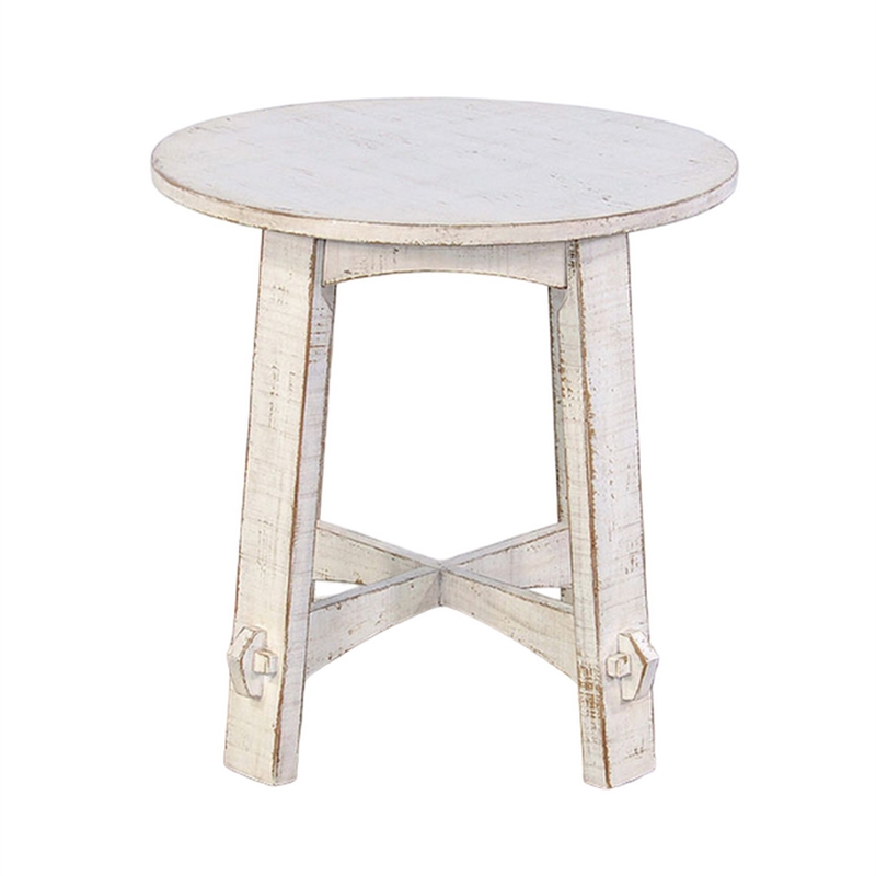 Rena Rustic Side End Table- X Legs- 24in Round- Distressed White Wood