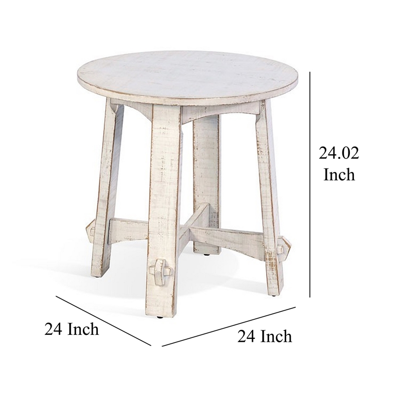 Rena Rustic Side End Table- X Legs- 24in Round- Distressed White Wood
