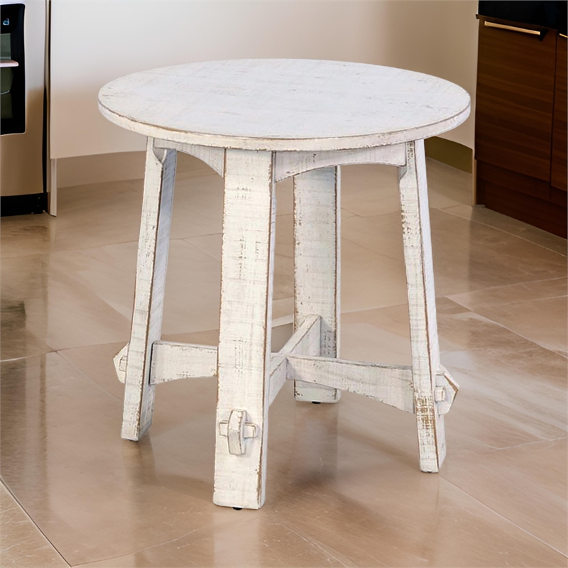Rena Rustic Side End Table- X Legs- 24in Round- Distressed White Wood